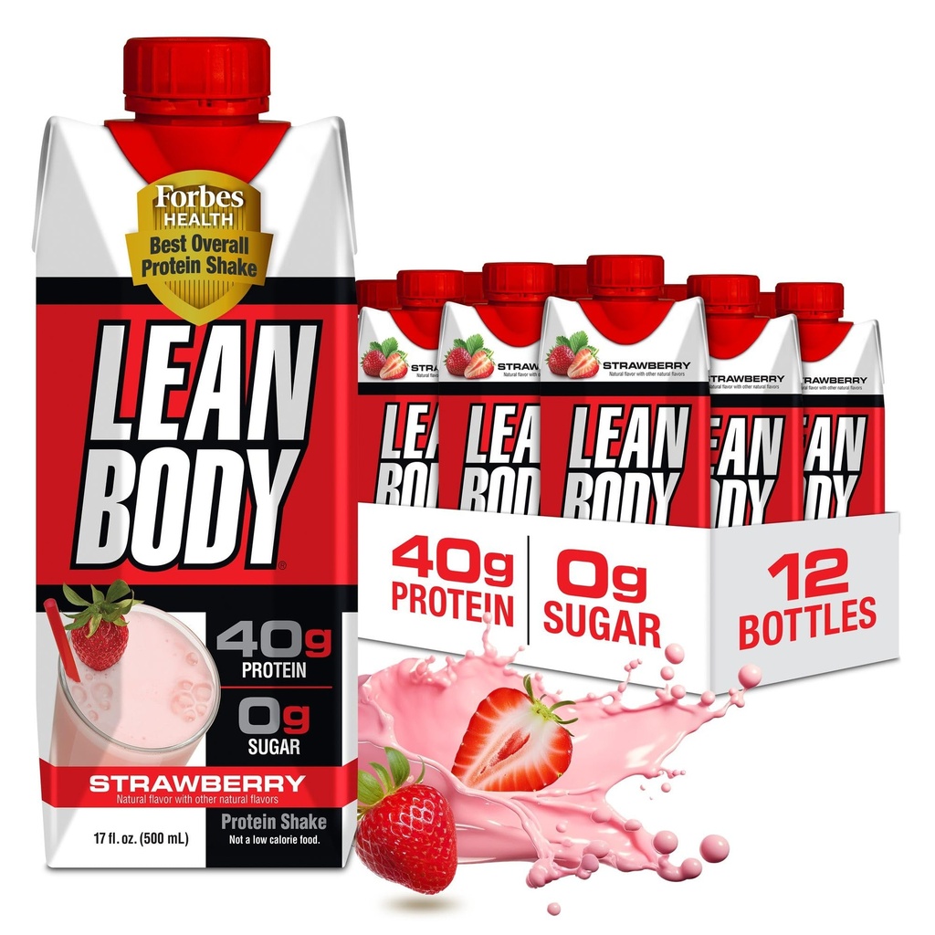 Labrada Lean Body Ready to Drink Strawberry Protein Shake, 40g Protéines, mélange de lactosérum, 0 sucre, sans gluten, 22 vitamines et minéraux, 17 once (carton recyclable et couvercle - boîte de 12) LABRADA