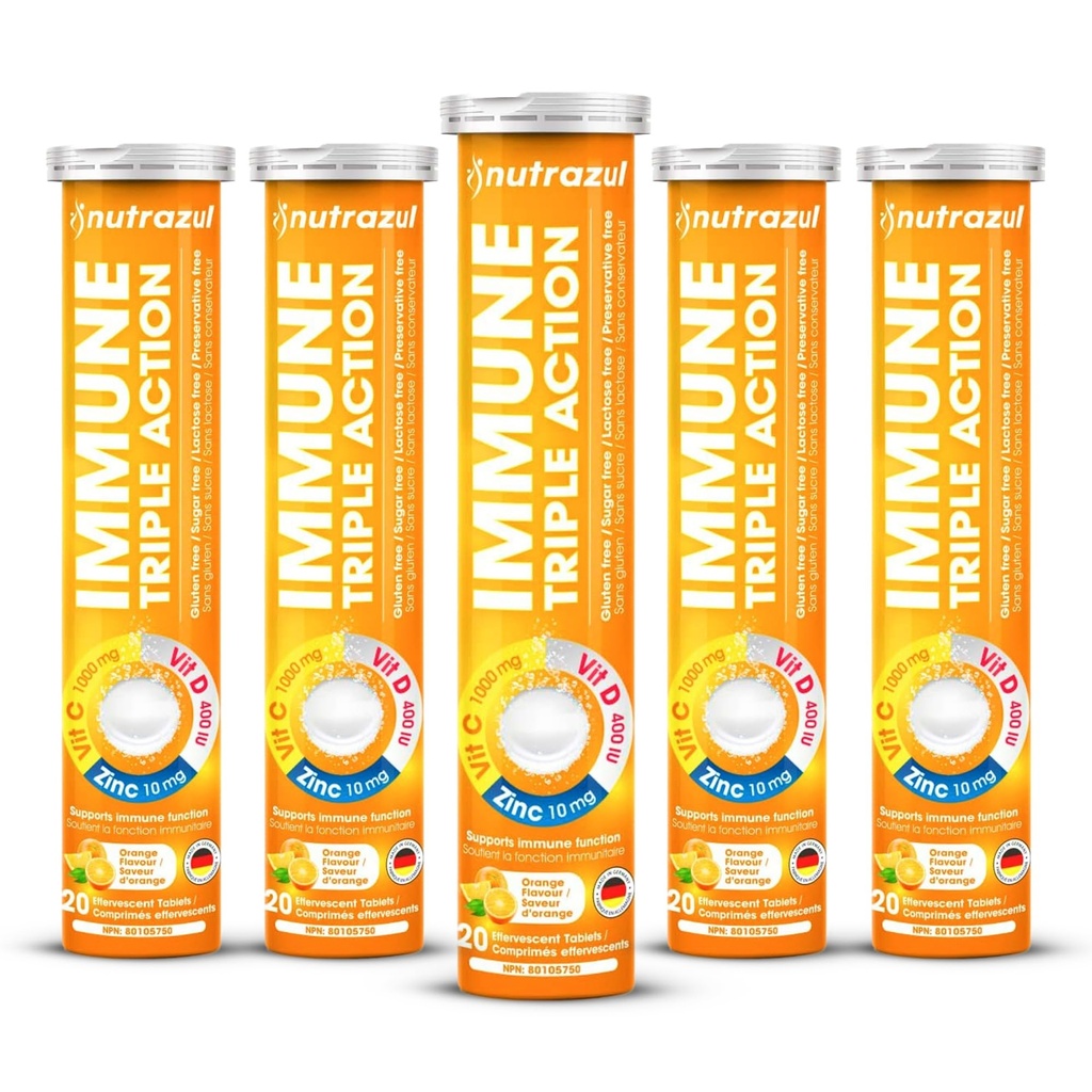 nutrazul Immune Triple Actie Bruistabletten met vitamine C 1000mg, vitamine D, zink, ondersteuning dagelijkse Routine, Glutenvrije, suikervrije, Lactosevrije, sinaasappelsmaak, 20 tabletten (verpakking van 5x20)
