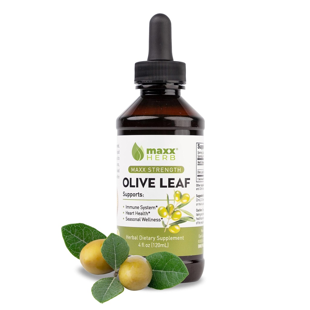 Maxx Herb Olive Leaf Extract Max Strength Oleuropein Liquid Absorbs Better Than Capsules or Thee, for Immune Support, Heart Health, and Seasonal Wellness - 4 Oz Bottle (60 Servings)