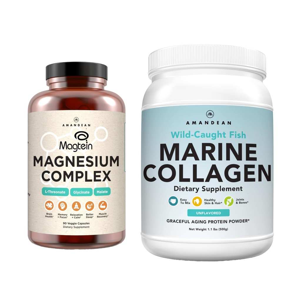 AMANDEAN Premium Magnesium Complex & Marine Collagen Bundle. Hoge absorptie Magnesium Threonate, Glycinate & Malate. Gehydrolyseerde vis. Ondersteuning Kwaliteit Slapen, Huid & Mood