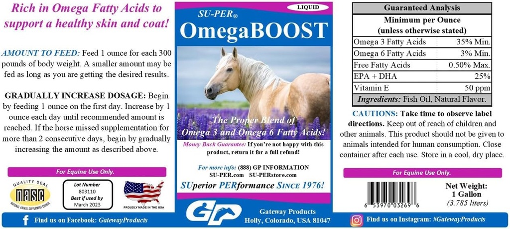SU-PER OmegaBOOST Visolie voor paarden - Premium Omega 3 en Omega 6 vetzuren supplement - Ondersteunt gezonde huid en jas - 1 Gallon