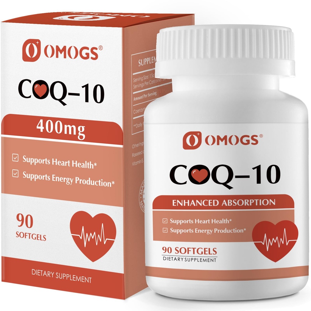OMOGS CoQ10 400mg Softgels, Coenzym Q10 Hoge Absorptiesupplementen Ondersteuning Hart- en vaatziekten, Cardiovasculaire Gezondheid, Immuunstelsel en Cellulaire Energie Productie, Glutenvrij, 90 Softgels