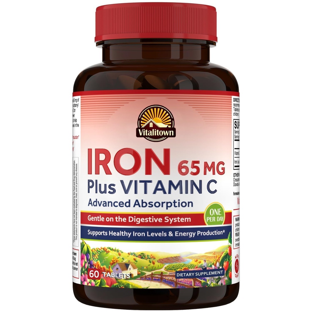 Vitalitown Iron Supplement for Women Men, Hign Potency 65mg Iron with Vitamin C 250mg, Less Constipating, Better for Blood Building & Energy Improvement, No Gluten, Non-GMO 60 Vegan Iron Pillen