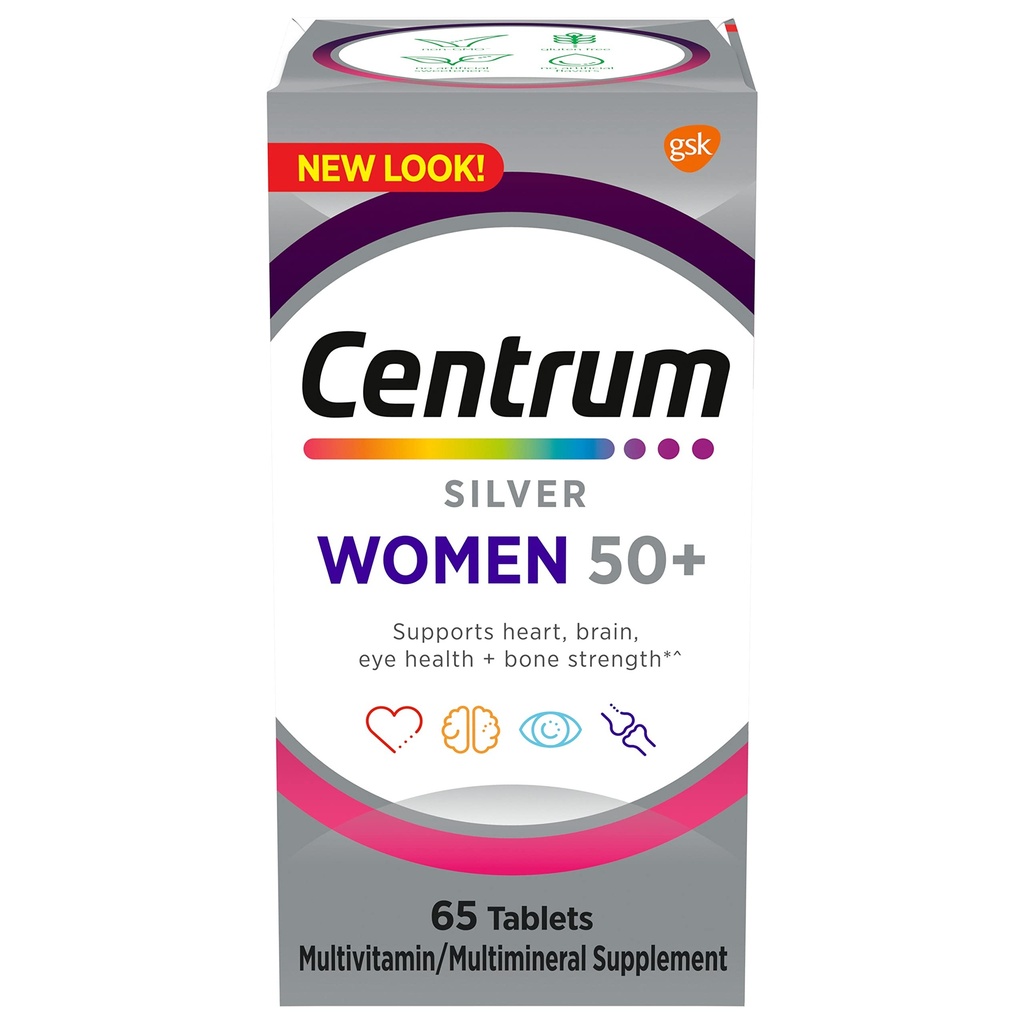 Centrum Silver Women's Multivitamine for Women 50 Plus, Multivitamine/Multimineral Supplement met Vitamine D3, B Vitaminen, Non-GMO Ingrediënten, Ondersteunt geheugen en cognitie bij oudere volwassenen - 65 Ct