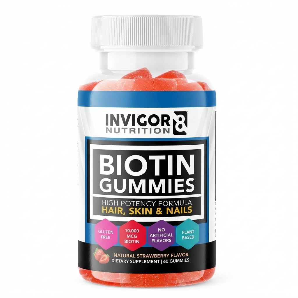 INVIGOR8 Biotine Gommies 10000mcg.Skin Nails Vitamines Supplément Biotine pour les femmes Hommes & Enfants 5000mcg x2.