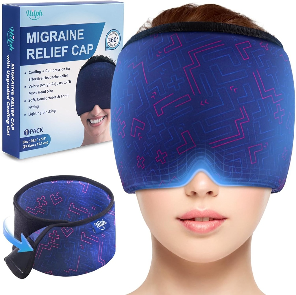 Hilph Ajustable Migraine Relief Cap avec le gel épaissi Compresseur froid, Casquette de soulagement des maux de tête, Masque de refroidissement visage Gel Wrap pour tension, stress et gueule de bois, Cadeaux apaisants pour les femmes Hommes Bleu