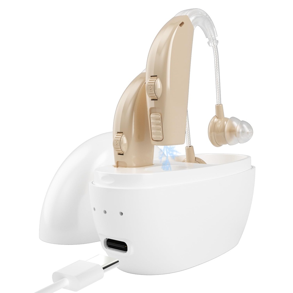 Hoortoestellen Versterkers voor senioren oplaadbaar met Noise Cancelling-Hearing Aids Loss Amplifier Senioren,Adults Charging Case&Volume Control(1 Pair), Beige C1