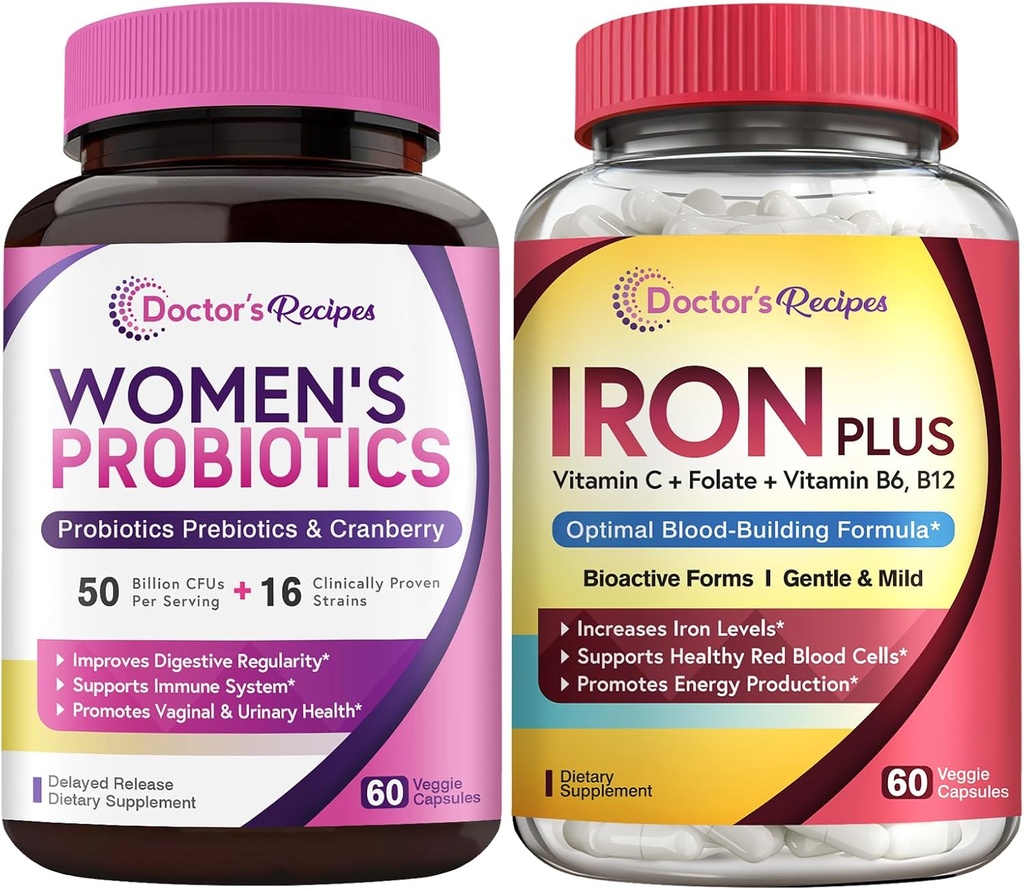 Recepten Vrouwenprobiotica en ijzer Plus bundel, vrouwelijke gezondheid en bloedondersteuning, probiotische capsules 60ct & ijzercapsules 60 st.