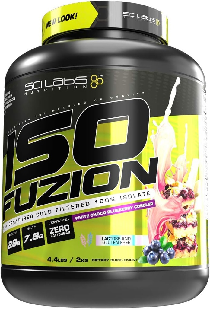 Iso Fuzion 100% Whey Isolate 28g Poudre de protéines non dénaturées, Cobbler de bleuets Choco blanc, 4,4lb