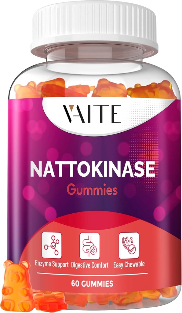 VAITE Nattokinase Supplément 2000 FU (Unités Fibrinolytiques) 100mg - Supplément enzymatique, formule végane, soutient la santé, double résistance, non-OGM, sans soja, sans gluten, 60 Gummées végétariennes
