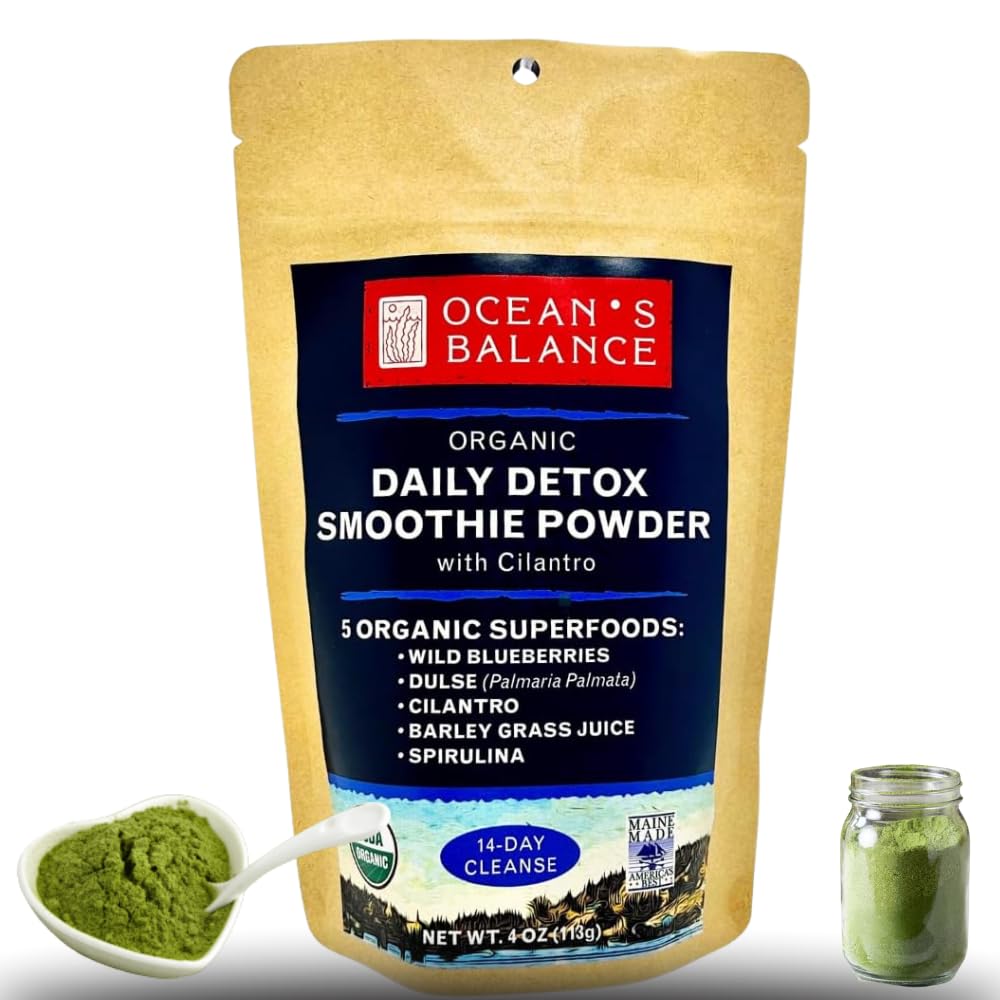 Ocean's Balance Daily Detox Smoothie Powder with Cilantro, Blueberry, Spirulina, Dulse Seaweed & Barley Grass Juice Powder Smoothie Mix for Detox Cleanse Fathers Day Gift for Dad, (4 oz - 1 Pack)