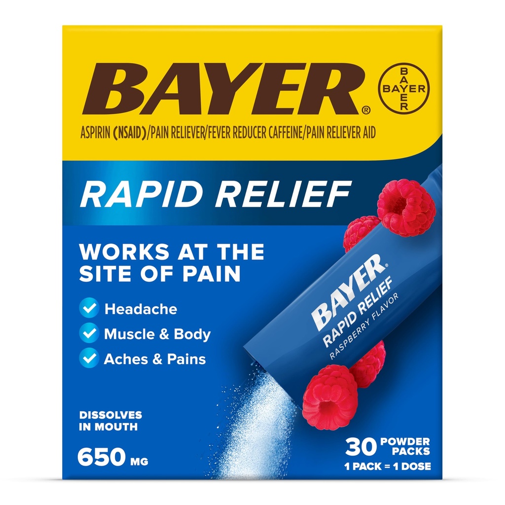Bayer Rapid Relief Powder Packs with Aspirine & Cafeïne, Dissolvable Fast Acting Pain Relief for Heather, Muscle and Body Pain, Raspberry Flavor (Packaging kan variëren), Pack of 3 x 10 Tellen