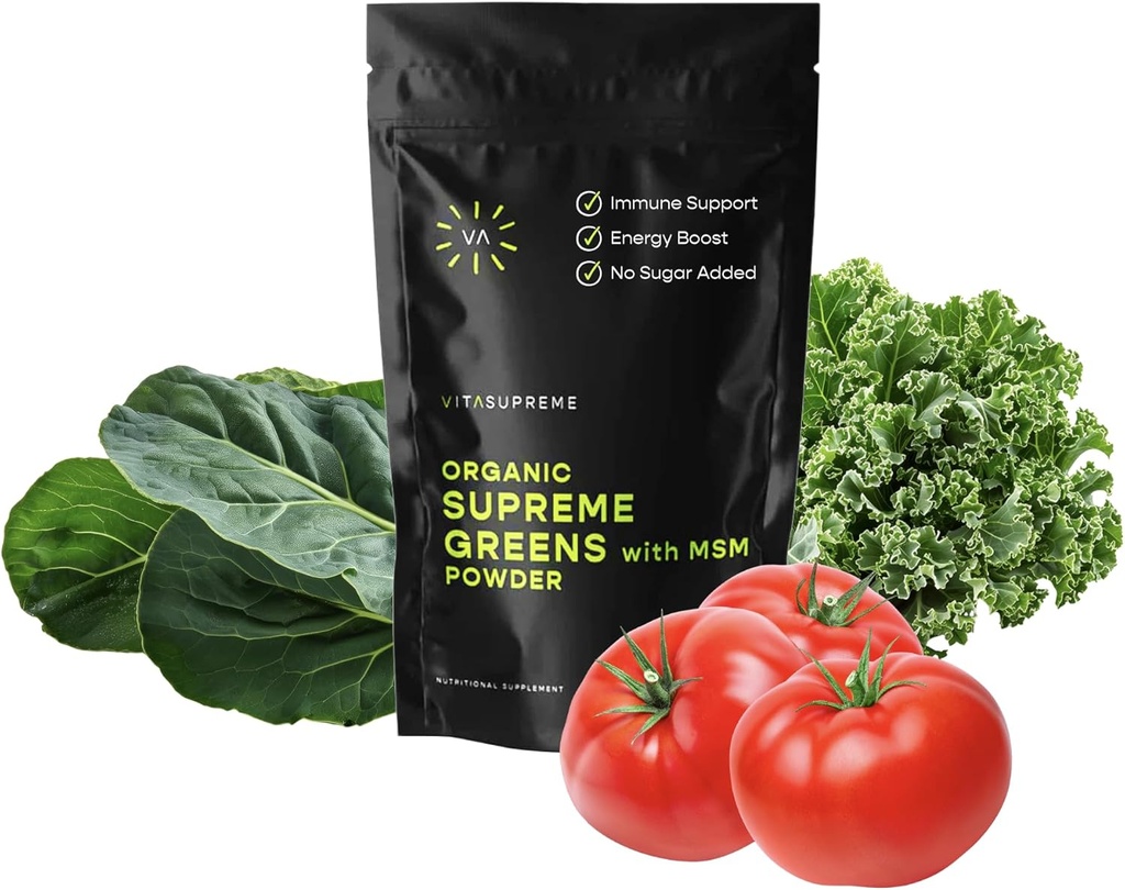 Biologische Superfood Greens Powder met MSM, voor Gut Health, Digestie, Immune Support, Energie, en meer (Sugar Free, Non-GMO, Keto, Vegan), 60 Servings, 30 Day Supply