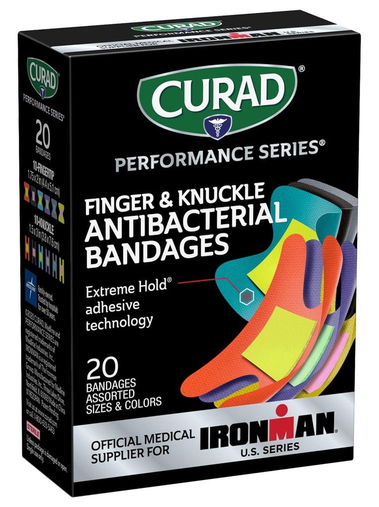 CURAD Performance Series IRONMAN Antibacteriële Bandages, Extreme Hold Kleeftechnologie, Finger & Knuckle Bandages, Flexibele Stof, Variety Pack met diverse maten en kleuren, 20 Tel.