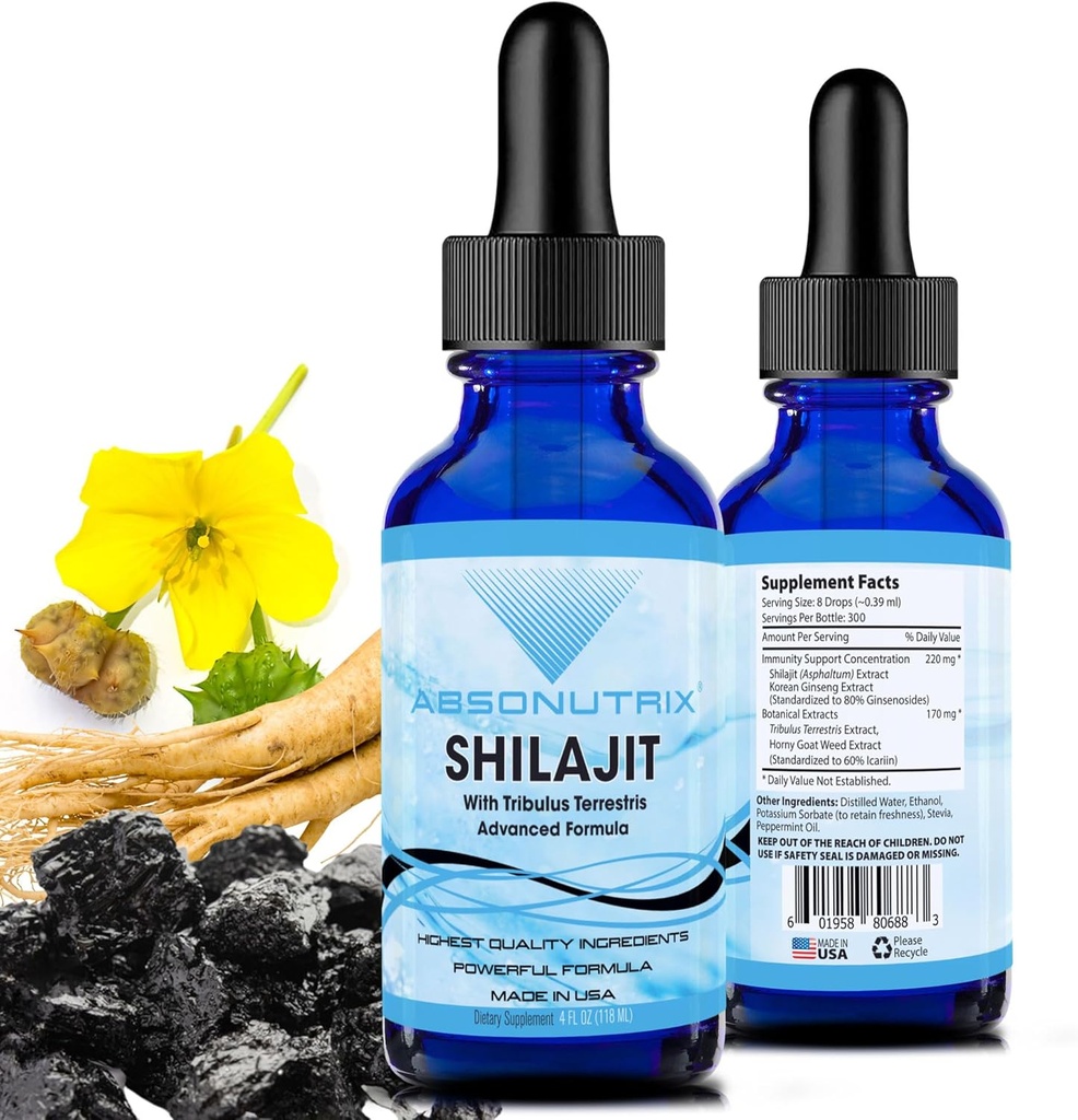 Absonutrix Shilajit met Tribulus Terrestris 390 mg, 4 Oz Liquid, 300 Servings, Made in USA, Quick Absorptie, Quality Potent Ingredients, Non-GMO, GMP Certified Facility, Cruelty-Free Products