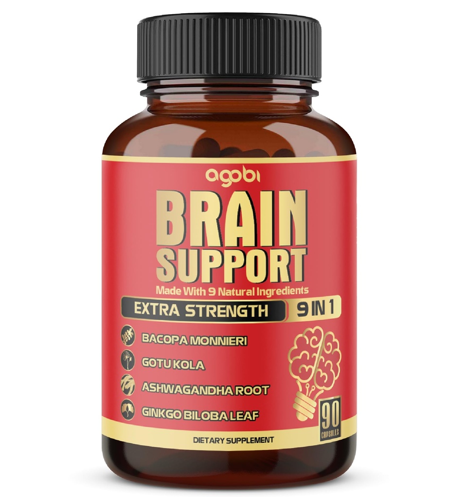 Supplément de soutien cérébral 9in1 - Racine d'Ashwagandha concentrée, Poudre de kola Gotu, Poudre de Bacopa Monnieri et plus - 90 Capsules - 3 mois d'approvisionnement