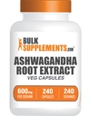 BulkSupplements.com Capsules d'extrait de racine Ashwagandha - Ashwagandha 600mg, Supplément Ashwagandha, Capsules de racine Ashwagandha, Vegan & Sans gluten, 1 Capsules par portion, 240 Capsules de Veg