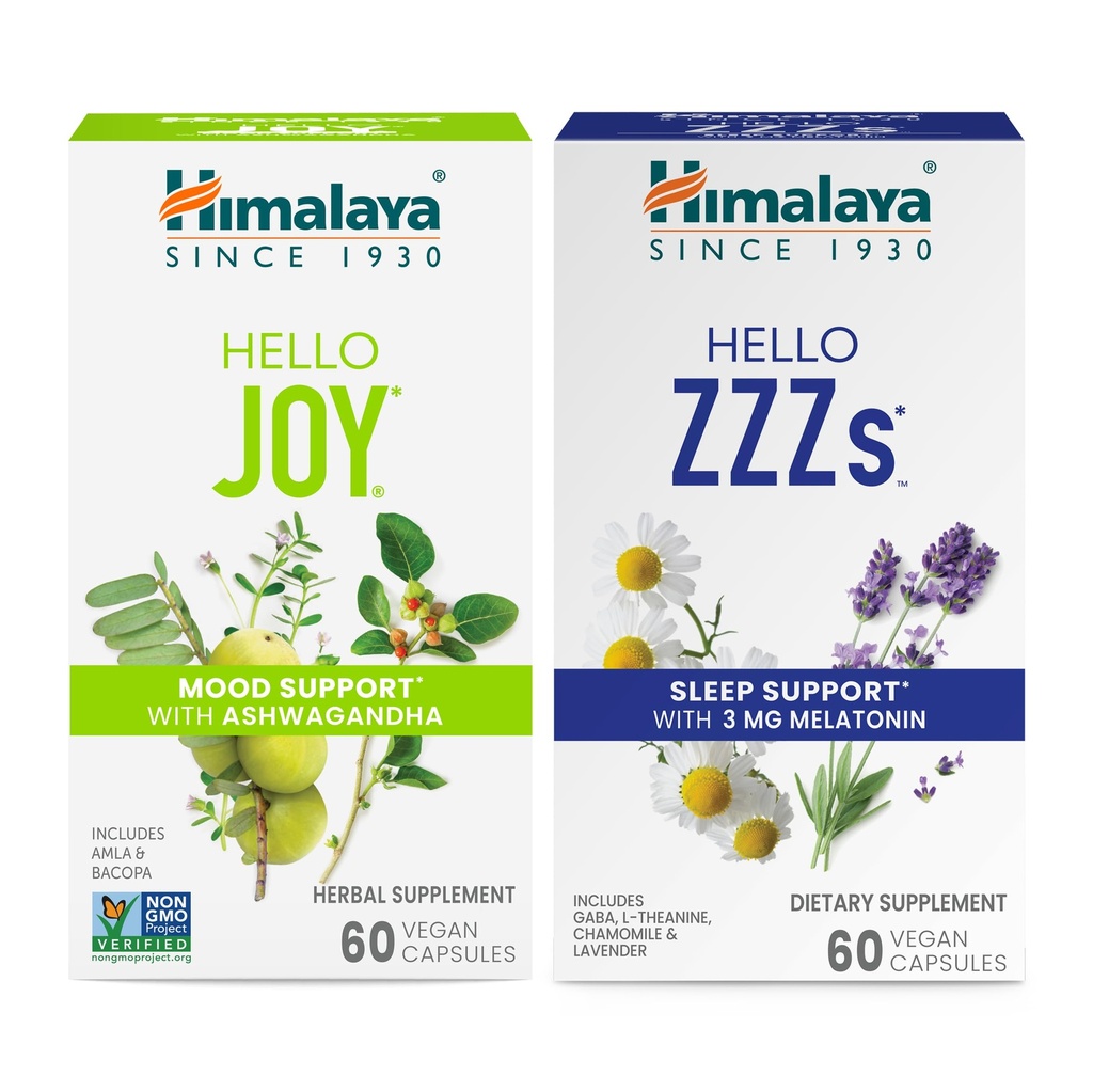 Himalaya Hello Joy avec Ashwagandha pour améliorer l'humeur et les esprits & Hello ZZZ avec Melatonine pour le soutien du sommeil, 60 Capsules Chaque - Bundle