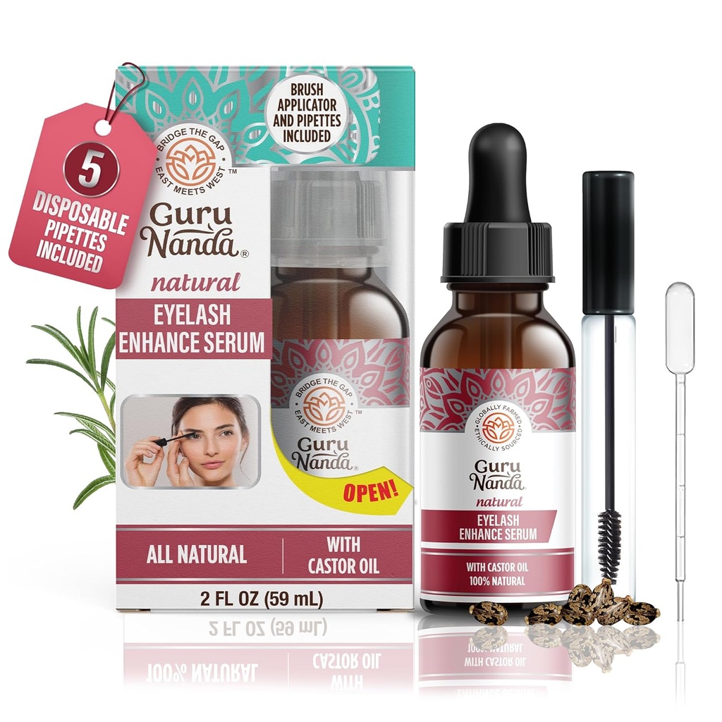 GuruNanda natuurlijke Castor olie wimper verbeteren Serum met rozemarijn olie - borstel Applicator & 5 Pipetten, helpt natuurlijke haargroei voor wenkbrauwen & baarden, 2 Fl Oz