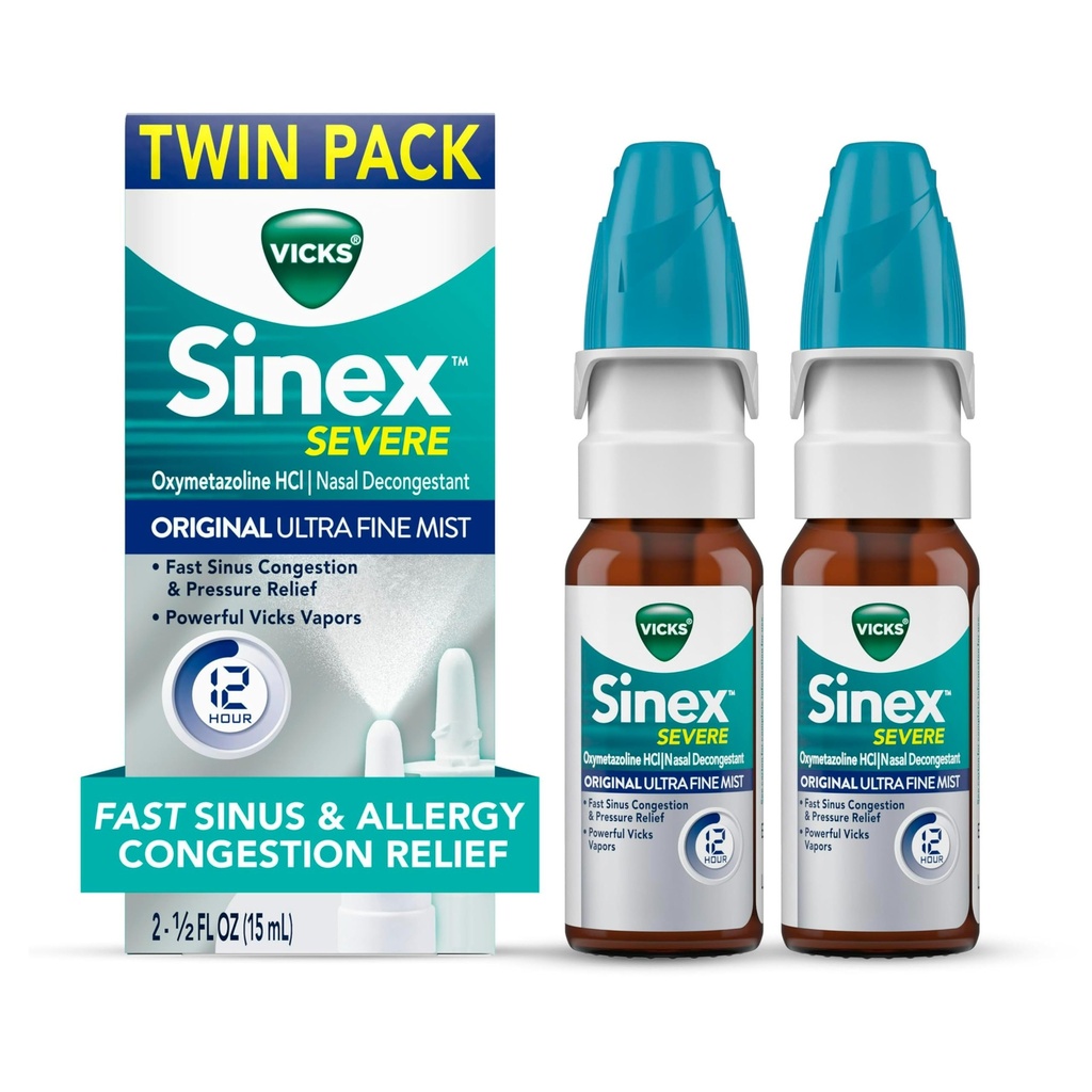 Vicks Sinex SEVERE Allergie & Sinus Neusspray, Original Ultra Fine Mist, Decongestant Geneeskunde, Verlossing van Nasale Congestie als gevolg van koude of Allergie, Sinus Pressure Relief, 265 Sprays x 2