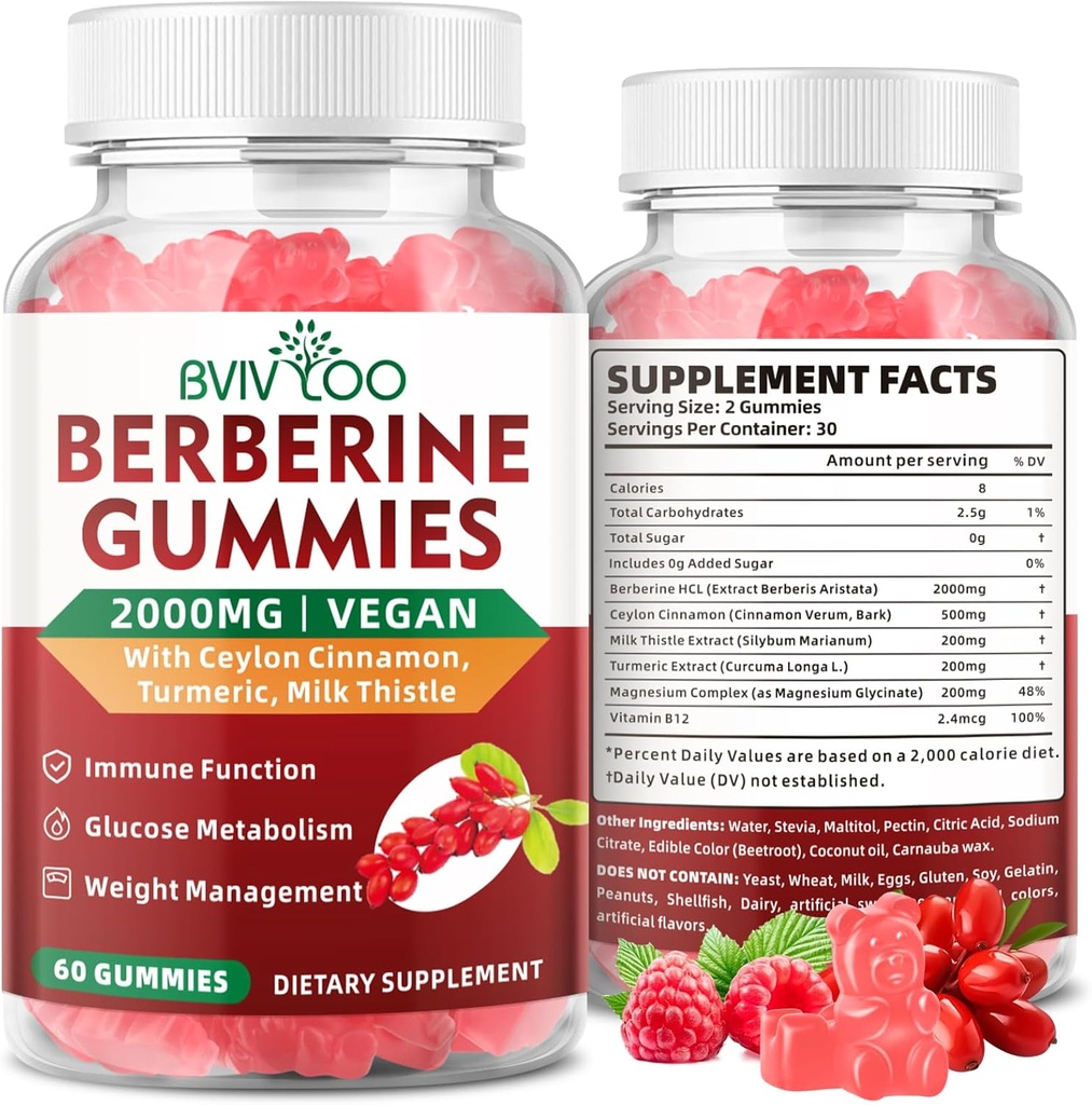 Premium Berberine Gummies, 2000mg High Potency Berberine HCI Supplement, Plus Ceylon Cinnamon, Milk Thistle for Women & Men, Immuun System & Metabolisme Support - 60 Gummies
