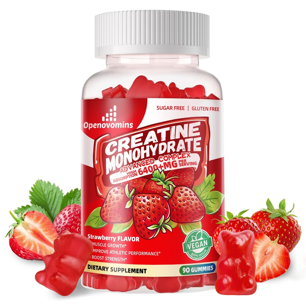 Creatine Monohydraat Gummies Complex for Men & Women - Advanced Formula W/L-Taurine + Vitamine B12, Sugar Free Chewable Supplement,90 Aardbei Gummies