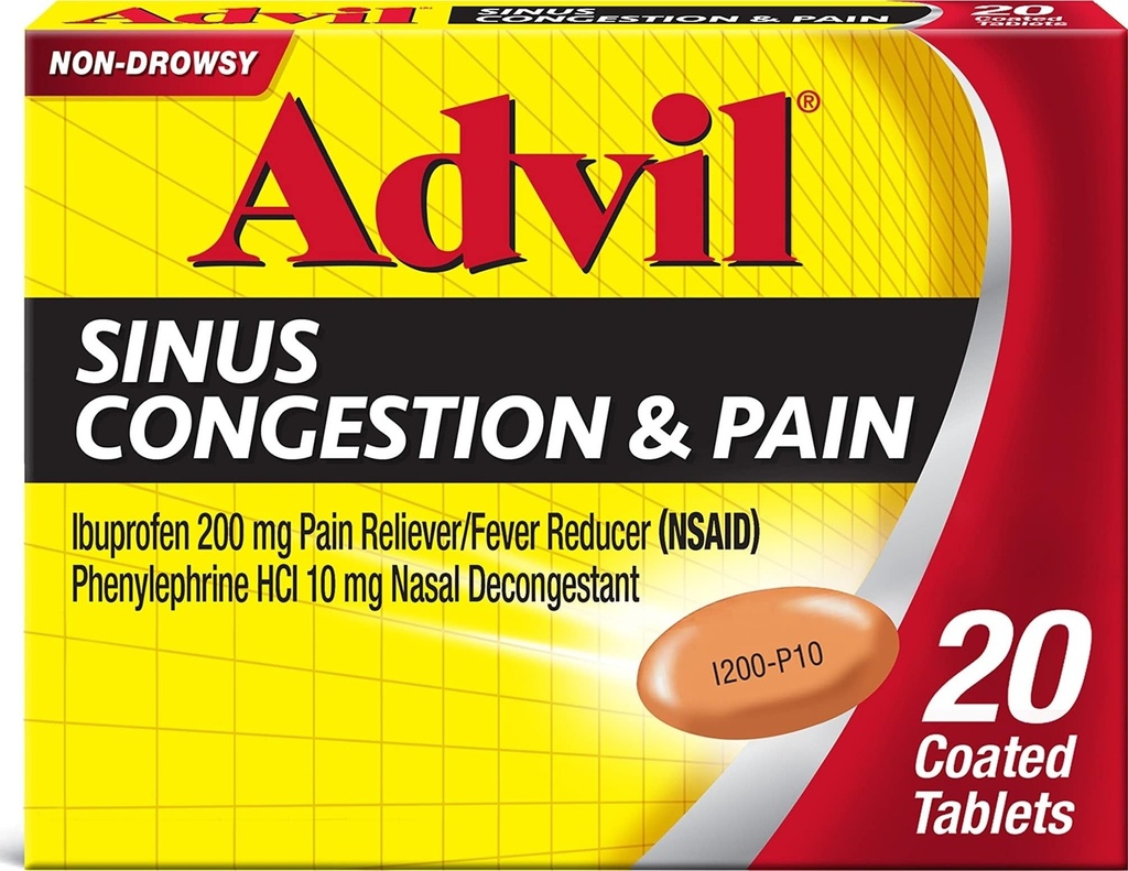 Advil Sinus Congestion et douleur, Sinus Relief Medicine, analgésique et réducteur de fièvre avec Ibuprofène et Phénylephrine HCl - 20 comprimés enduits