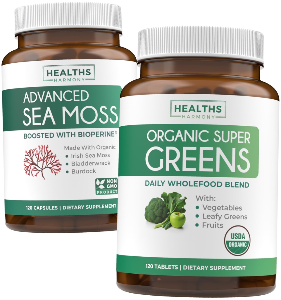 Mousse de Mer Irlandaise et Super Greens Biologique (2-Mois) Moss & Greens Combo - Seamos Biologique Irlandais - Superfood Végétalien cru (120 Caps) & Greens Biologique Poudre avec 28 Fruits & Légumes (120 Caps)
