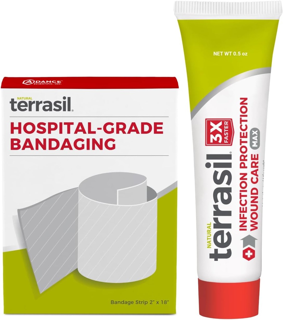 Terrasil Wound Care EHBO Kit: Medical Bandage & Wound Healing Ointment, Infection Protection for Bed Sores, Pressure Sores, Ulcers, Blisters, Snijwonden. Dermatoloog-Tested (0,5oz, 2"x18" Bandage)