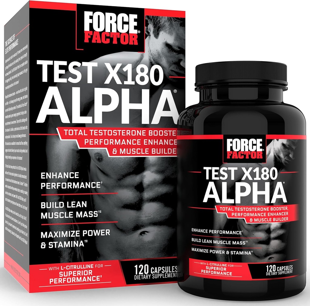 Krachtfactortest X180 Alpha Testosteron Booster voor mannen, Testosteronsupplement met gepatenteerde Fenegriek & L-Citrulline om spiermassa, sterkte, energie, vermogen en prestaties te bevorderen, 120 capsules