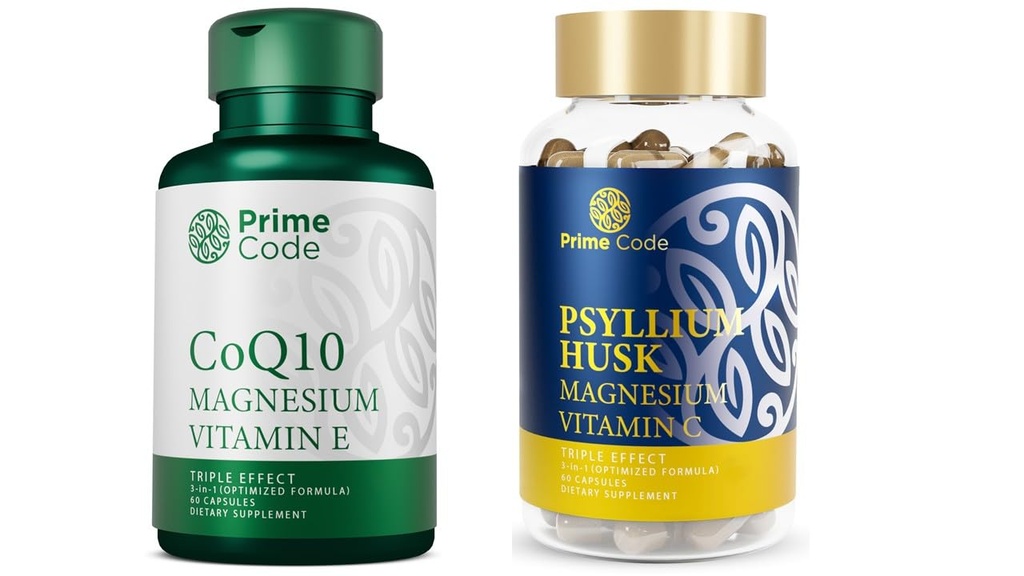 Prime Code CoQ10 250mg met Magnesium Glycinaat en Vitamine E, Psyllium Husk Capsules met Magnesium Citroen en Vitamine C