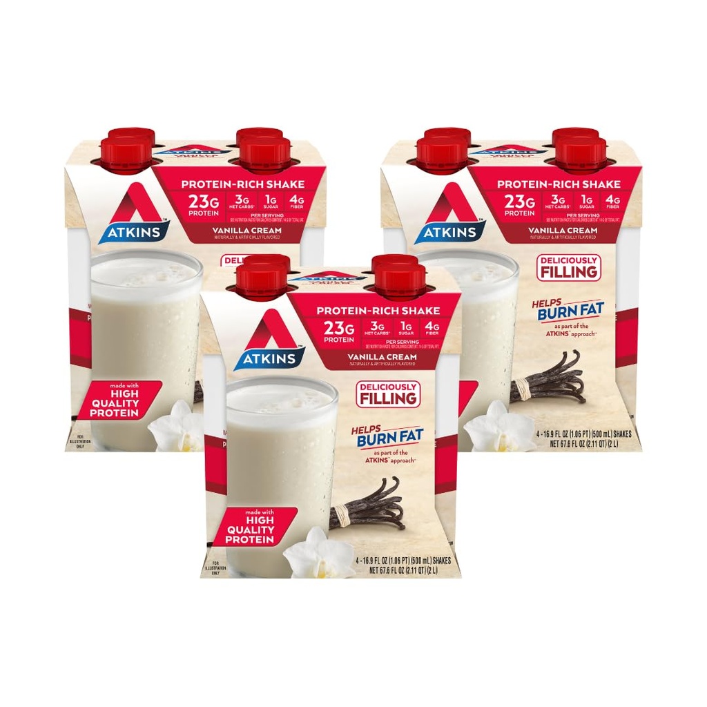 Atkins Vanilla Cream Maaltijd Proteïne Shake, 23g Proteïne, Lage Glykemie, 3g Carb, 1g Sugar, Keto Friendly
