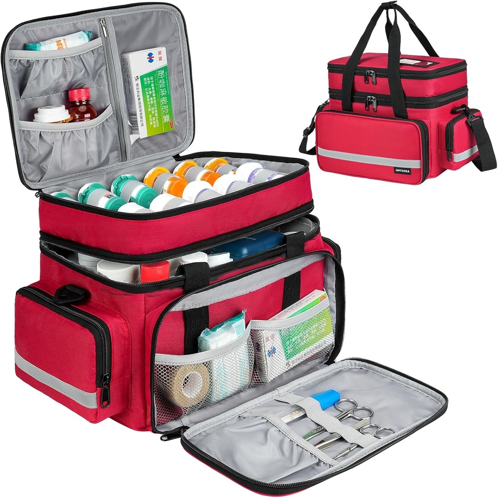 Grote pil Bottle Organizer, Double Layers Medicine Storage Bag met afsluitbare ritsen en schouderband, Medicatie reistas voor prescriptie flessen, vitamines en medische benodigdheden, rood (alleen zak)