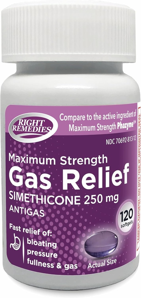 Gasreliefing Maximale sterkte, Simethicone 250 mg, (120 Softgels), Fast Relief from Gas, Bloating, Fullness, Pijnlijke Ongemak, Vergelijk met Maximale sterkte Phazyme Active Ingredient