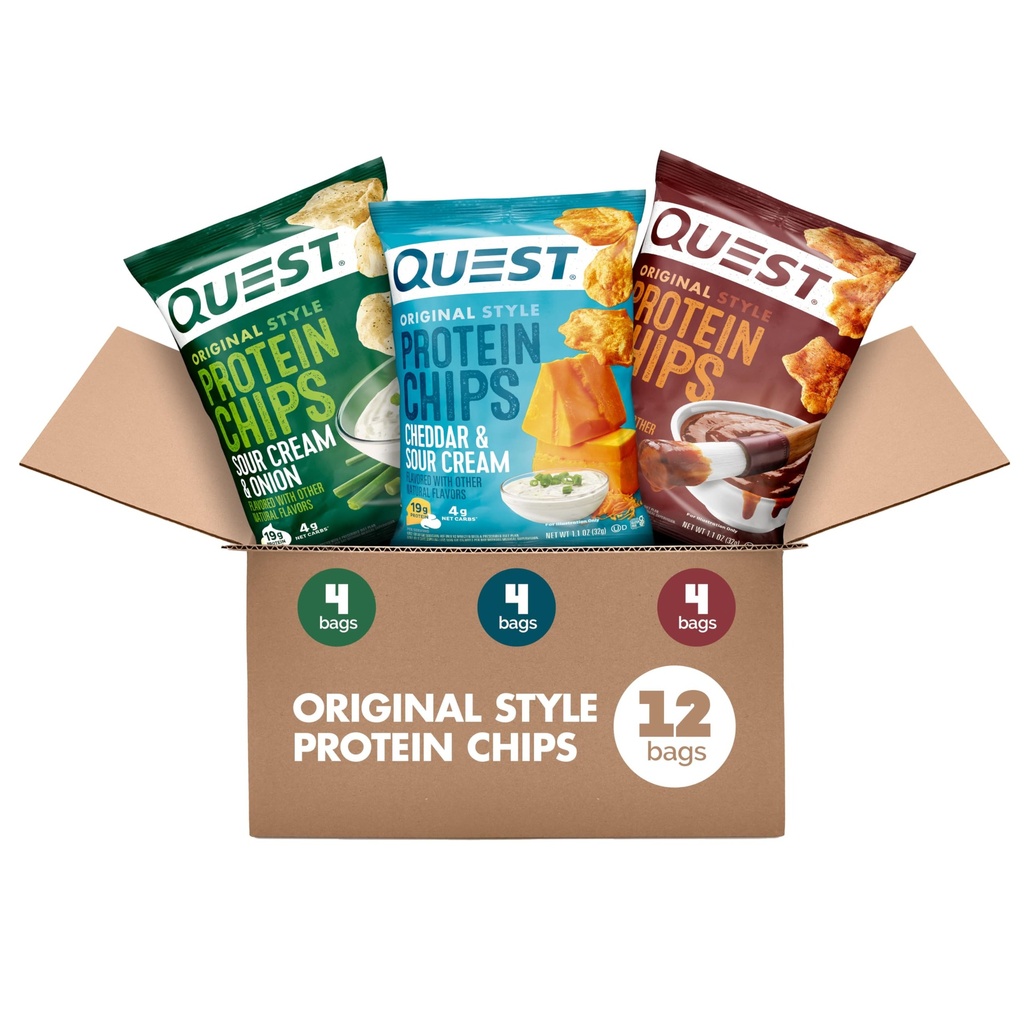 Quest Nutrition Protein Chips Variety Pack, BBQ, Cheddar & Sour Cream, Sour Cream & Ui, High Protein, Low Carb, 1.1 oz (pakket van 12)
