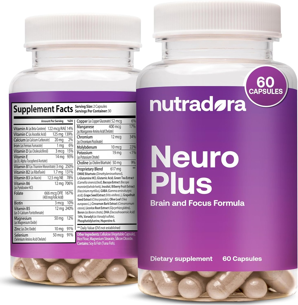 Neuro Plus Brain Supplement voor Geheugen en Focus, 41 Ingrediënten, Premium Focus Supplement met DMAE bevordert concentratie & energie voor mannen en vrouwen, samengesteld in de VS, 60 capsules