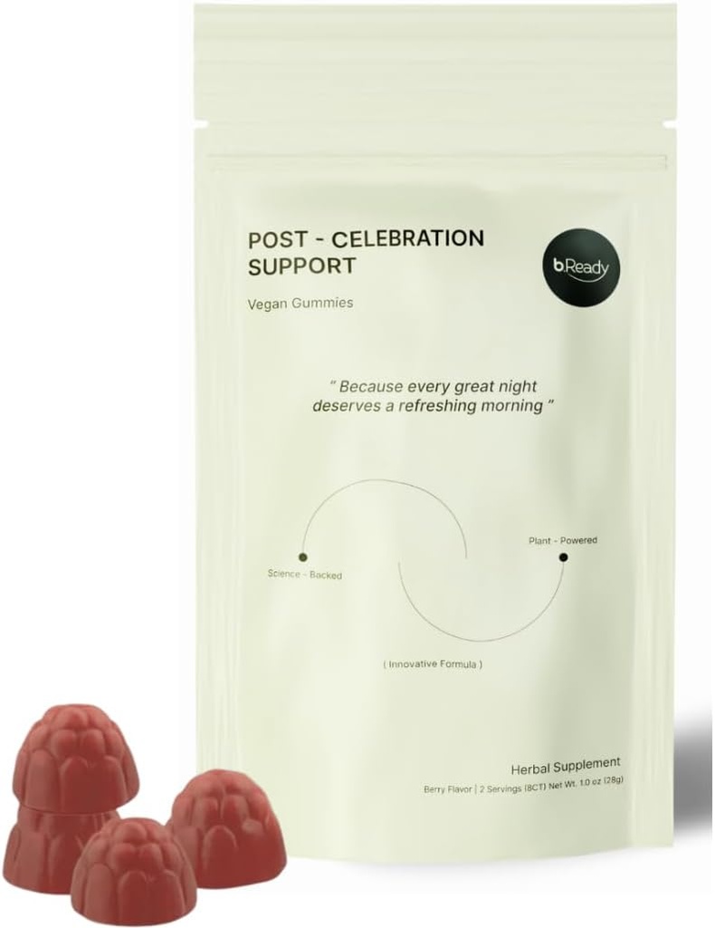 b.Ready Morning Recovery Gummies for Post-Celebration, Travel & Jet lag Wellness with Vitamin B, Milk Thistle & Prickly Pear | Travel Essential Strawberry Flavor Vegan Gummies (2 Servings)
