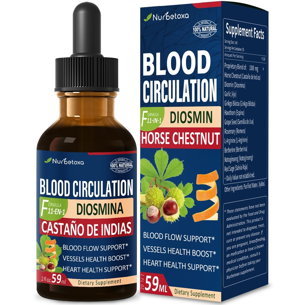 Circulation sanguine Extrait de châtaigne de cheval gouttes liquides, Castaño de Indias y Diosmina para la Circulacion y Varices, supplément d'oxyde nitrique pour le flux sanguin, pression et santé cardiaque.2 oz