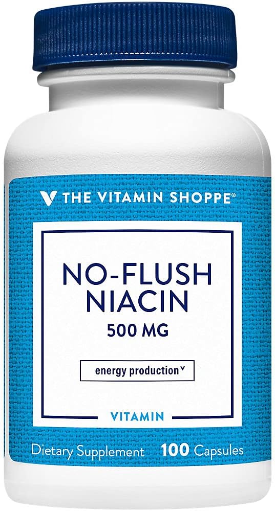 De Vitamine Shoppe No Flush Niacin 500MG, Ondersteunt Cholesterol niveaus al binnen het normale bereik, Ondersteunt Metabolisme en energieproductie, eenmaal daags (100 capsules)