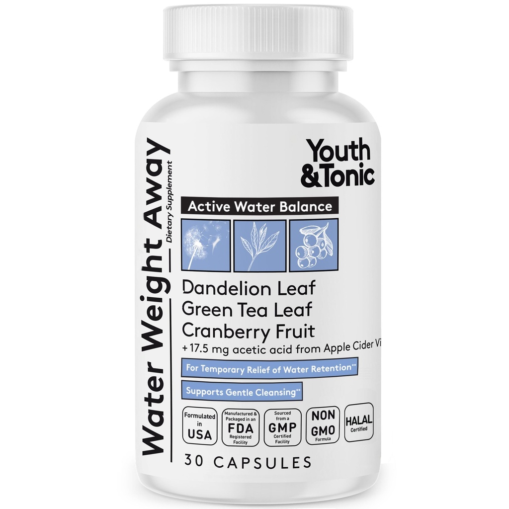 Youth & Tonic Water Weight Away – Pills diurétiques à base d'herbes pour la rétention d'eau, l'houle et le gonflement Belly – soutient l'équilibre liquide avec le potassium et la vitamine B6 – 30 capsules pour les femmes et les hommes