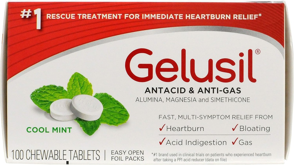 Gelusil Antacid & Anti Gas Tablets for Heartburn Relief, Acid Reflux, Bloating and Gas, Cool Mint - 100ct Blister Pack (Pack of 2)