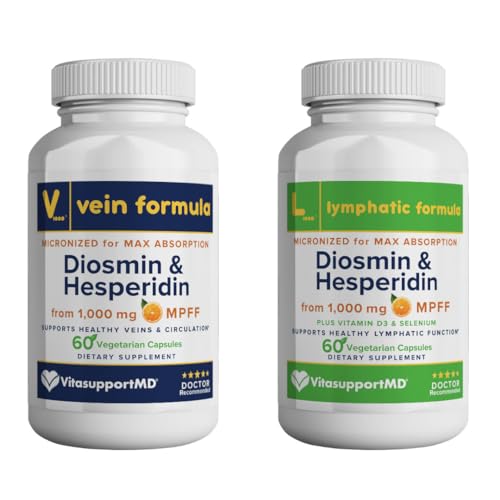 VITASUPPORTMD - Vein en Lymfatische Formula Bundle, Diosmin Hesperidin 1000 mg, 2x60 Capsules, MPFF Complex voor Circulatie, Lymfatische en Vein Ondersteuning
