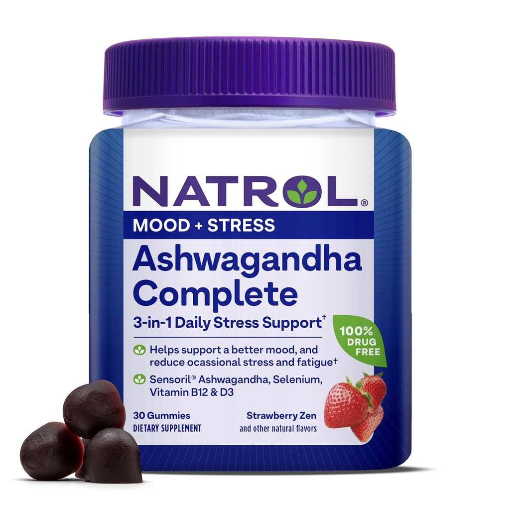 Natrol Ashwagandha Complete Gummy, 3-en-1 support de stress quotidien, soutient une meilleure humeur, réduit le stress occasionnel et la fatigue, 30 Gummies, jusqu'à un approvisionnement de 15 jours