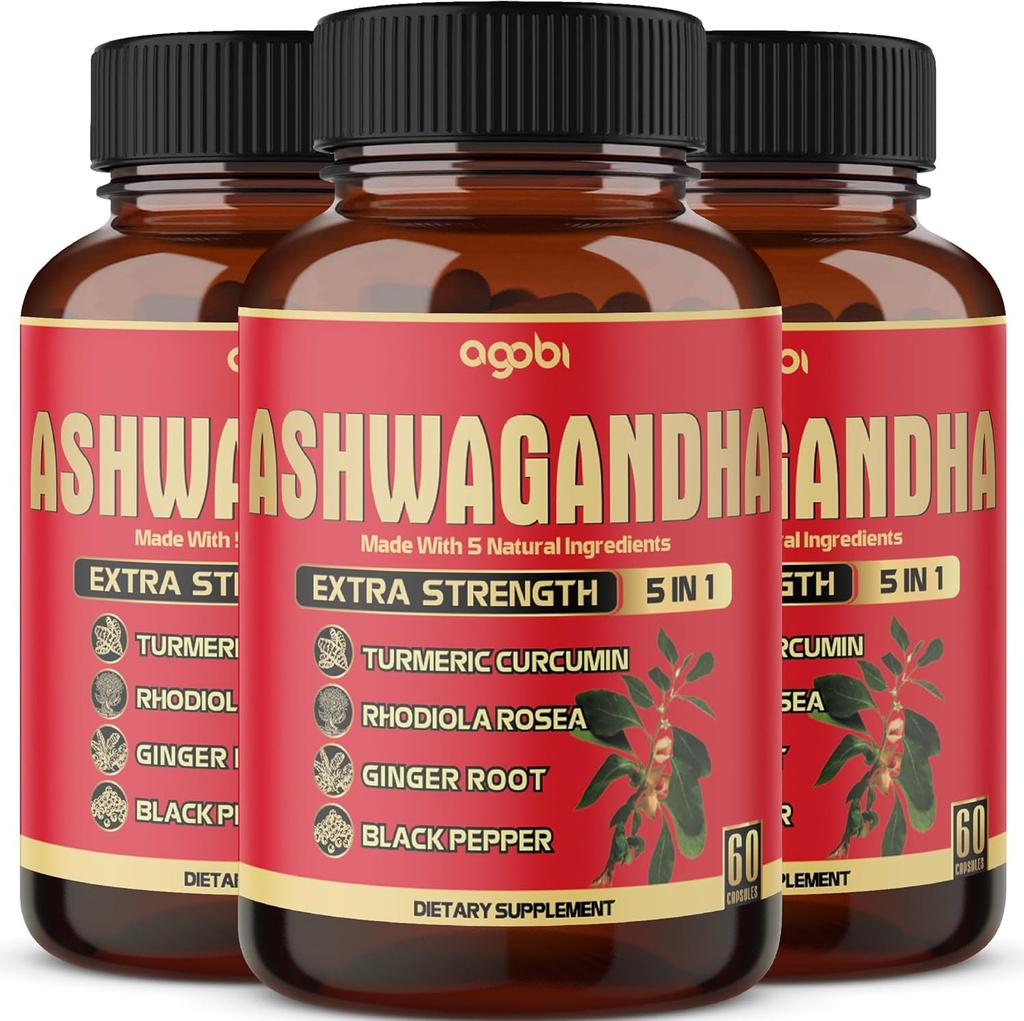 3 verpakkingen 60 capsules - Ashwagandha supplement 5200mg - 5in1 met gember, kurkuma, Rhodiola Rosea & Black Pepper - uithoudingsvermogen en lichaamsgezondheidsondersteuning - 6 maanden levering