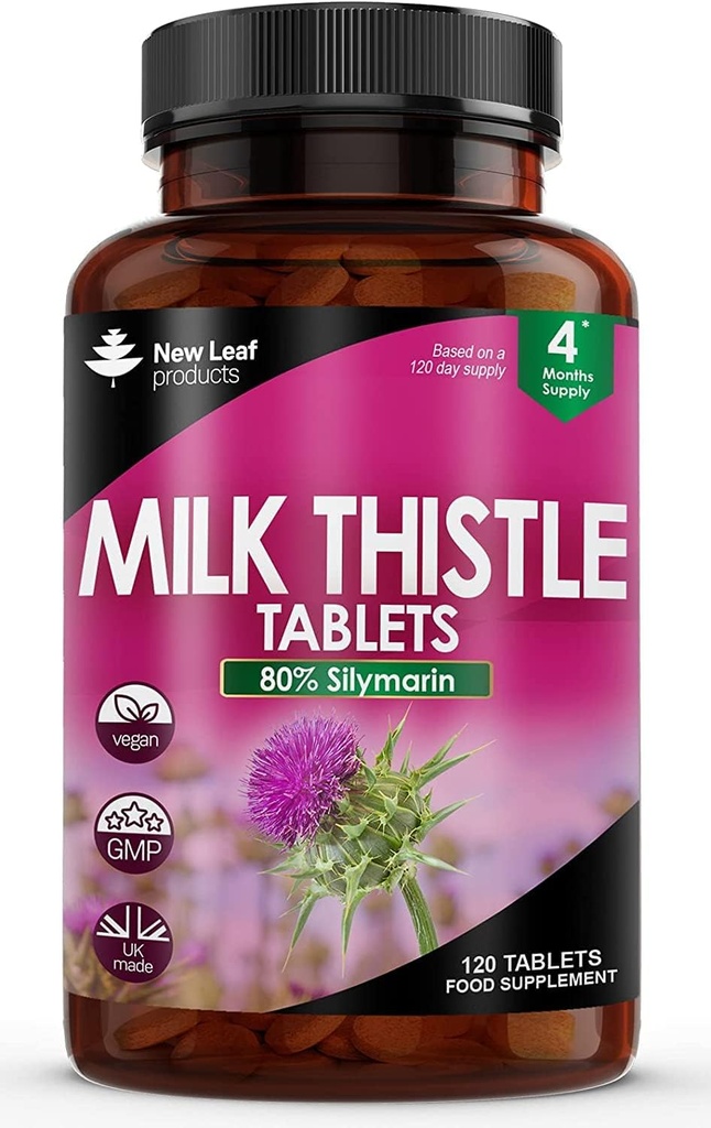 New Leaf Products Milk Thistle 1000mg Tabletten (4 maanden Supply) Hoge sterkte 2000mg 80% Silymarin, Vegan tabletten, GGO-vrij, Glutenvrij 120 tabletten