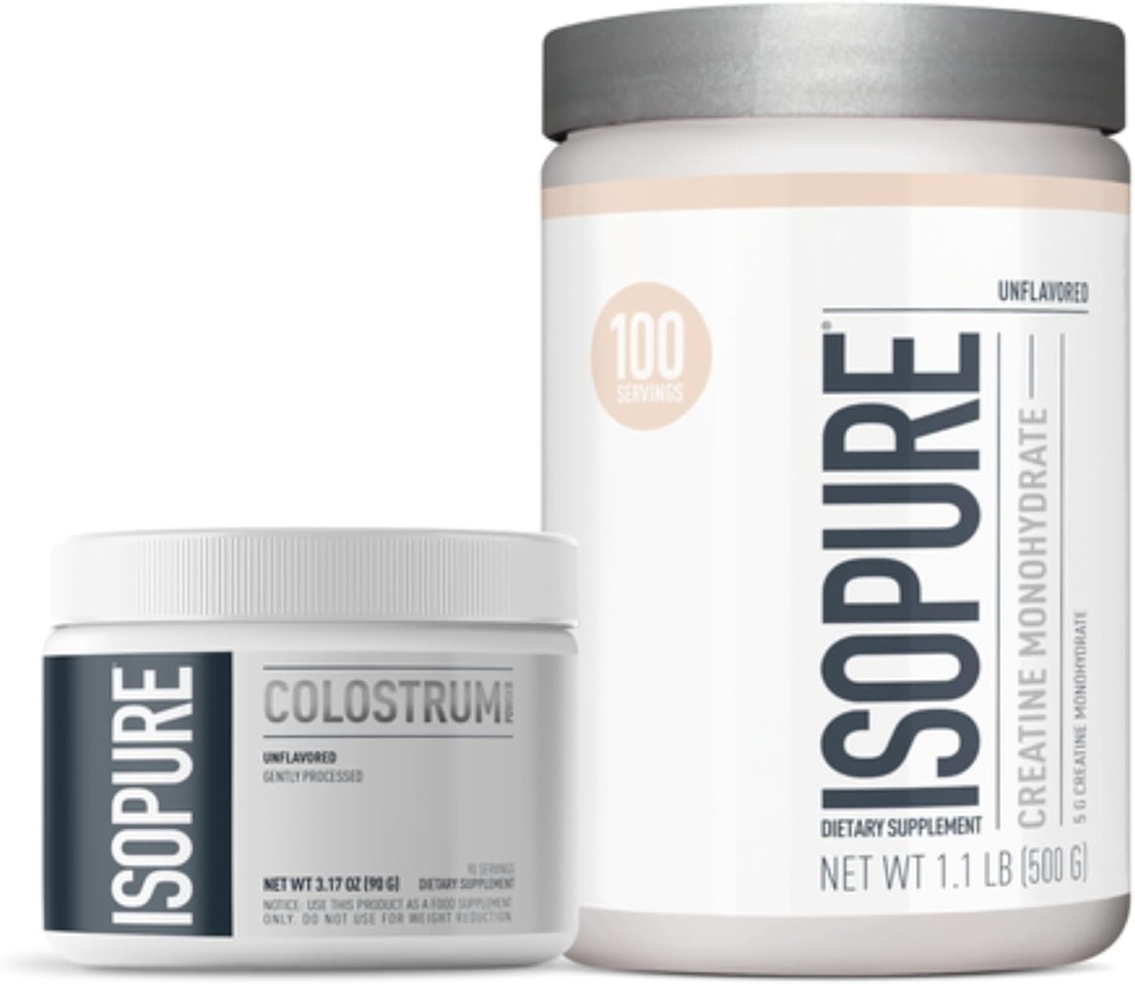Bundle of Isopure Bovine Colostrum Supplement Powder, Gently Processed, 90 Servings + Isopure Unflavored Creatine Monohydraat Powder, 5g Creatine Monohydraat per scoop, 100 porties, 500g