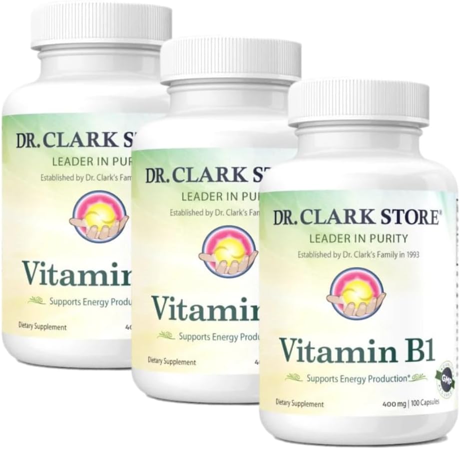 Bernard Jensen's Dr. Clark Store Vitamin B1 Thiamine 500mg Supplement -Thiamine B1 Supplement voor gezond zenuwstelsel en energiemetabolisme, glutenvrij, zuivelvrij - 100 Gelatine Capsules 3pack