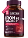 IJzeren supplement voor vrouwen Mannen, hoge potentie ijzer 65 mg met vitamine C 250 mg, langzame afgifte Maag Vriendelijke ijzeren pillen voor rode bloedcel en immuunondersteuning, non-GMO, glutenvrij, 60 Veganistische tabbladen