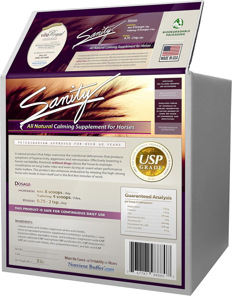 Sanity - Equine Behavioral Calming Focus Supplement voor paarden - Magnesium, Calcium, Zink, B Vitaminen, Aminozuren, Probiotica, Thiamine, Foliumzuur, Niacin, Pepermunt & Meer