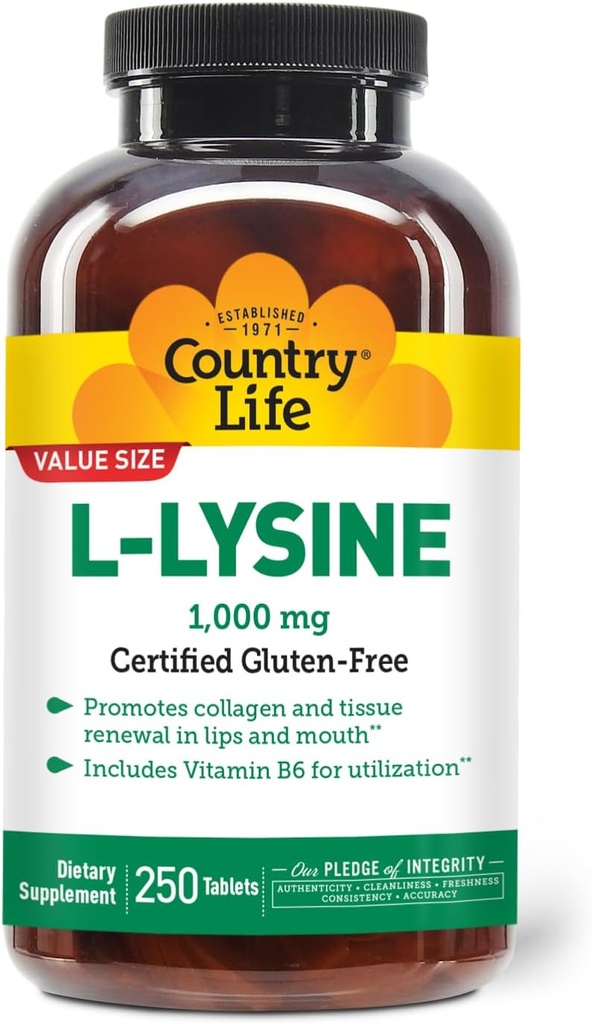 Country Life L-Lysine 1000mg met B-6, ondersteunt Immune Health, bevordert Collageen vernieuwing in lippen en mond, 250-Count, Gecertificeerde Gluten Vrij, Gecertificeerde Veganistisch